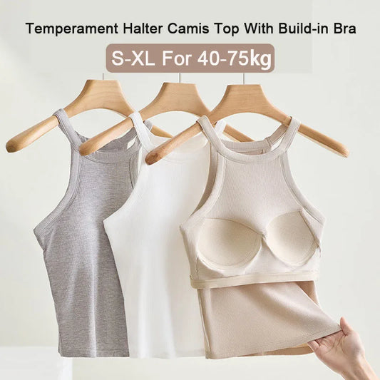Threaded Halter Neck Camisole Top With Build-in Bra High Elastic Slim-fitting Sling Fixed Cup Breathable Women Underwear