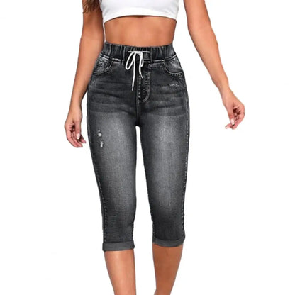 2024 High Waist Jeans Women Leggings Vintage Elastic High Waist Drawstring Pockets Denim Pants Calf Length Jeans Slim Fit Capris
