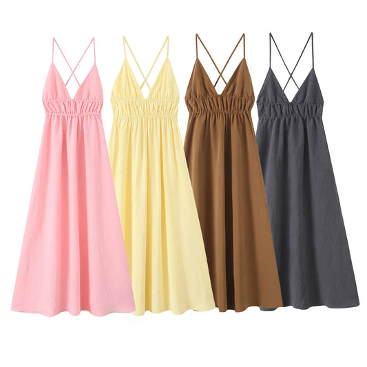 PB&ZA2025 New Women's Casual Fashion Temperament Pleated Drape Backless Midi Sling V-neck Dress Long Skirt