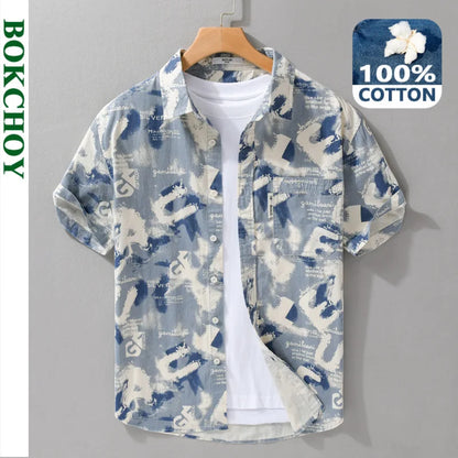 Summer New Beach Printed Pure Cotton Short Sleeve Shirts Men Clothing Casual Simple Thin Soft Streetwear FY545