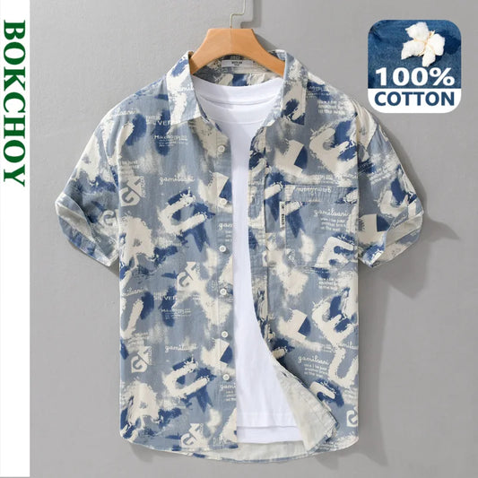 Summer New Beach Printed Pure Cotton Short Sleeve Shirts Men Clothing Casual Simple Thin Soft Streetwear FY545
