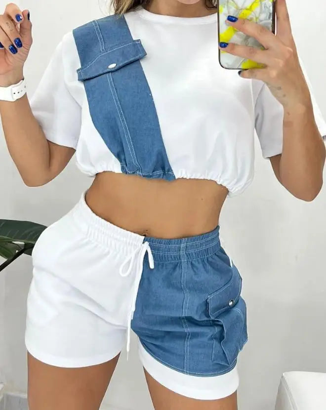 Two Piece Sets Womens Outifits 2023 Summer Fashion Denim Patch Round Neck Short Sleeve Top & Casual Drawstring Pocket Shorts Set