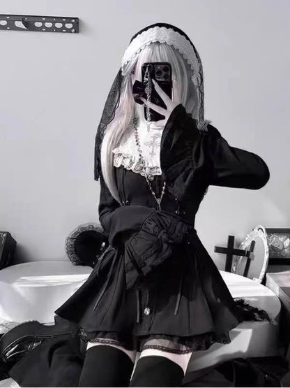 Japanese Gothic Lolita Dress Set Women Harajuku Y2k Bow Lace Ruffles Collar Mini Dresses Female Elegant Party Cute Dress