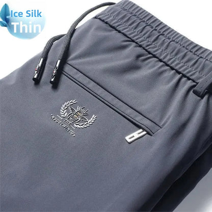 Summer Thin Men's Pants Non-stickable High Elasticity Straight-leg Pants Ice Silk Middle-aged Sweatpants