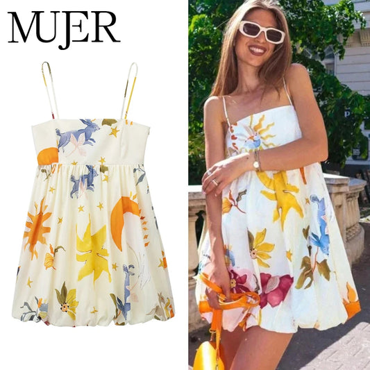 MUJER Print Slip Mini Dress Women Sleeveless Summer Dress Woman 2025 Ruched Sundress Vestidos Backless Short Dresses for Women