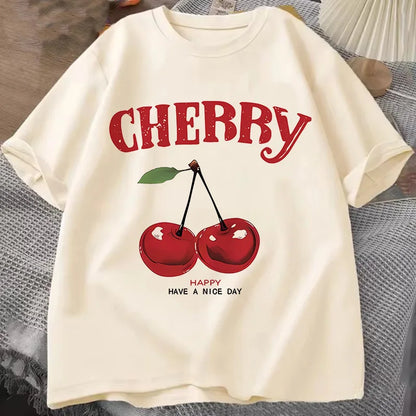 Summer Women Fashion Cherry T-Shirt Cherry Print O-Neck Tops Tees Floral Graphic Short Sleeve Clothing Female Casual Streetwear