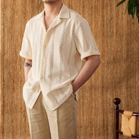 Summer Thin Jacket Short-sleeved Shirt Gentleman's Outfit Light Mature Hollow Versatile Vacation Cuban Collar Casual Shirt Men