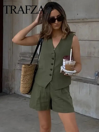TRAFZA Women Elegant Solid Waistcoat Pant Sets Single Breasted V Neck Vest Top + High Waist Slim Shorts Lady Office Wear Suits