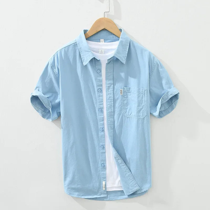 100% Cotton Solid Color Men's Summer Lightweight Short Sleeve Shirt, Business Casual Daily Shirt 2024 Loose Casual Jacket
