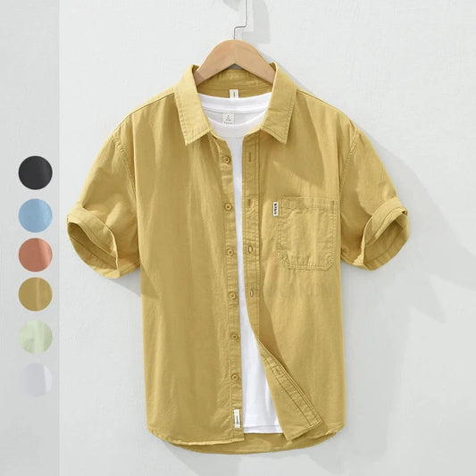 100% Cotton Solid Color Men's Summer Lightweight Short Sleeve Shirt, Business Casual Daily Shirt 2024 Loose Casual Jacket