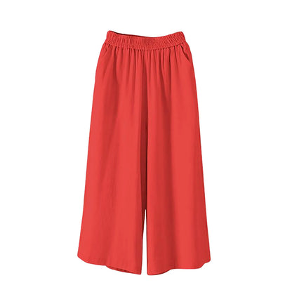 Feamle Casual and Versatile Lazy Style Wide Leg Pants With Pockets Lightweight High Waisted Loose Cropped Capris