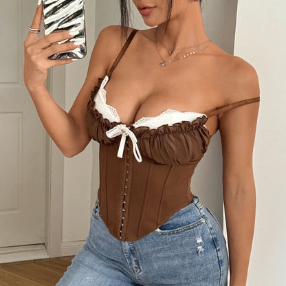 Women Fishbone Corset Top Sexy Sheer Mesh Ruffle Lace Trim Crop Cami Going Out Camisole Y2K Street Date Night Club Party Tops