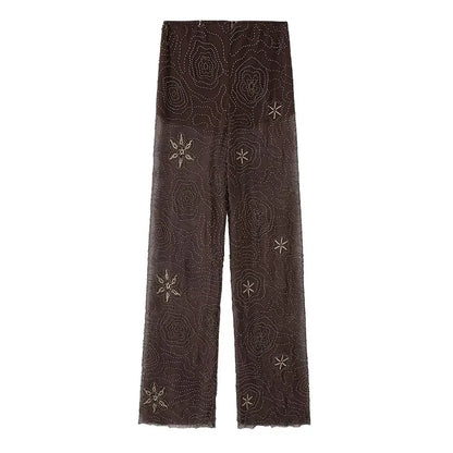 MUJER Sequin Baggy Pants Woman Beads Wide Leg Pants for Women See Through Casual Pants Women Streetwear Fashion Trousers Womens