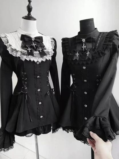 Japanese Gothic Lolita Dress Set Women Harajuku Y2k Bow Lace Ruffles Collar Mini Dresses Female Elegant Party Cute Dress