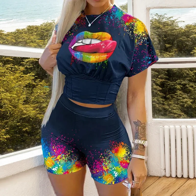 Two Piece Set Women Letter Print Short Sleeve Crop Corset T-shirt & Ladies High Waist Shorts Set Pants Outfits Plus Size