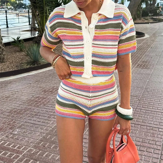 2025 Autumn European And American New Women's Fashion Casual Stripe Printed Short Sleeve Flip Collar Cardigan Casual Shorts Set