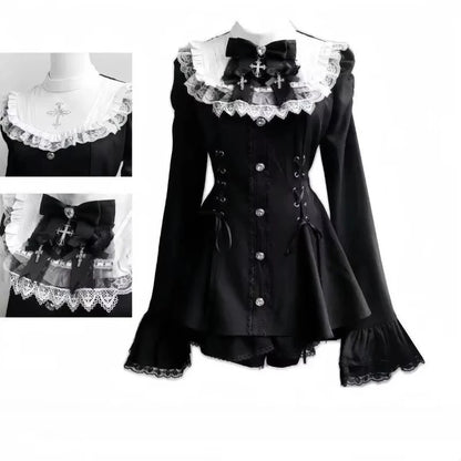 Japanese Gothic Lolita Dress Set Women Harajuku Y2k Bow Lace Ruffles Collar Mini Dresses Female Elegant Party Cute Dress
