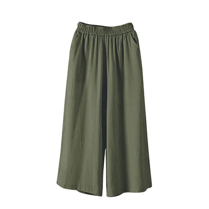 Feamle Casual and Versatile Lazy Style Wide Leg Pants With Pockets Lightweight High Waisted Loose Cropped Capris