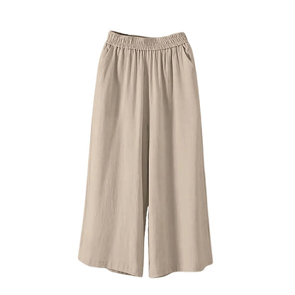 Feamle Casual and Versatile Lazy Style Wide Leg Pants With Pockets Lightweight High Waisted Loose Cropped Capris