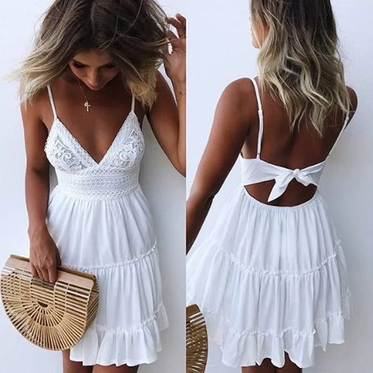 Sexy Lace Dresses Women Spaghetti Strap White Dress Summer Beach Mini Party Dress A-line V-neck Bohe Open Back Pleated Dress